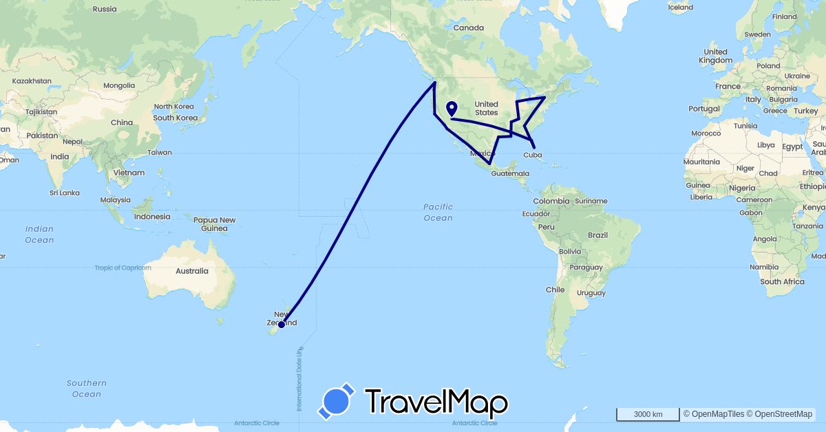 TravelMap itinerary: driving in Mexico, New Zealand, United States (North America, Oceania)